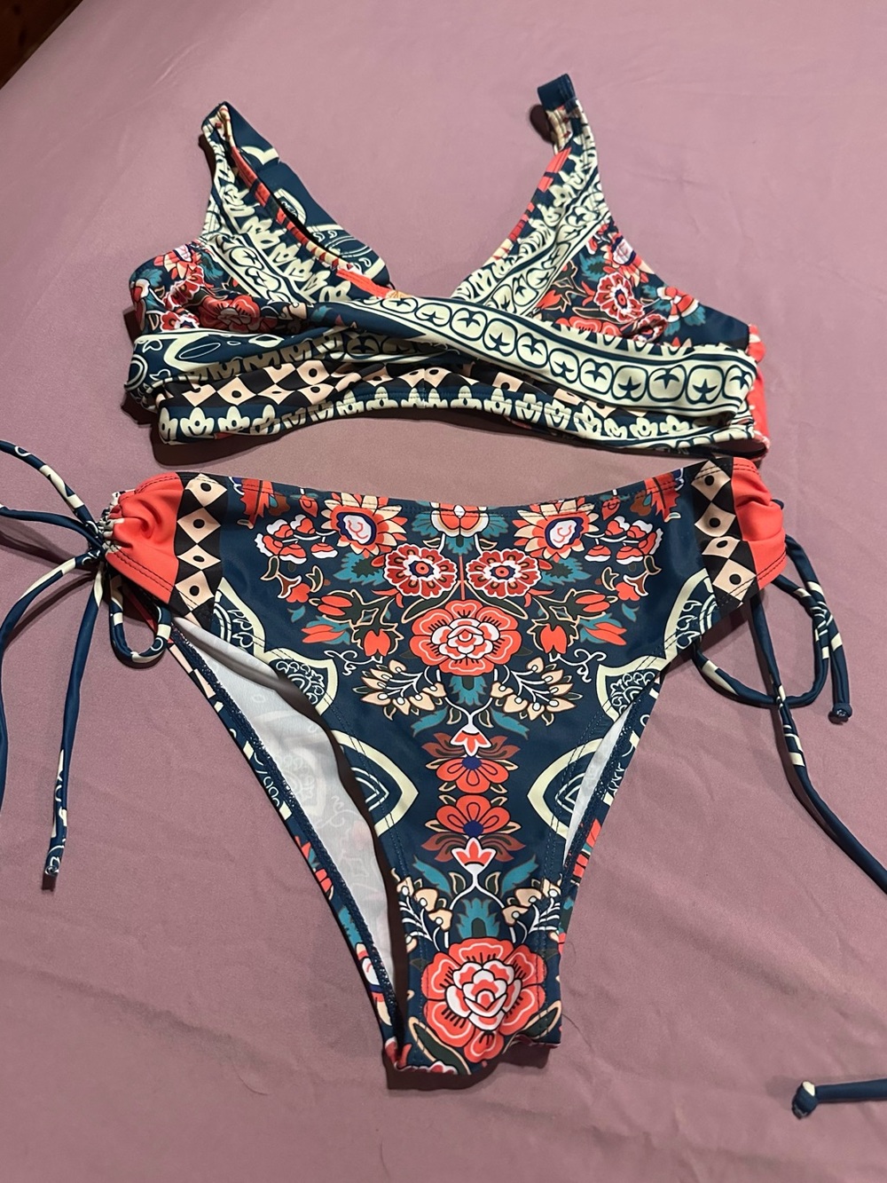 Floral Print Tie-Side Bikini Set in Navy and Coral, Small, NWOT
